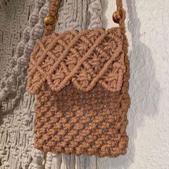 Handmade Macrame Purse Tan Caramel Light Brown with Wooden Beads - Picture 1 of 9